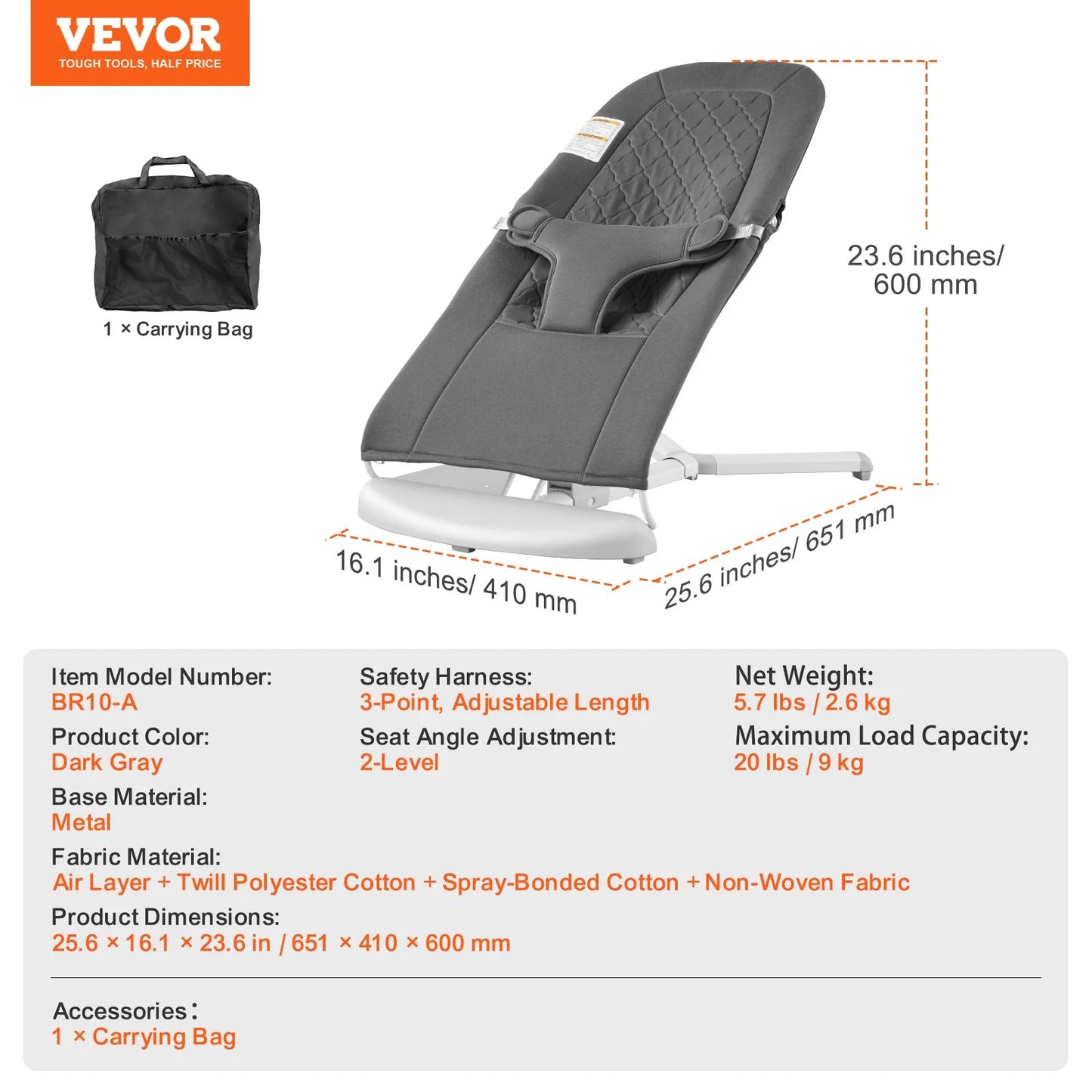 VEVOR Adjustable Folding Baby Bouncer Seat with 2 Reclining Positions – Comfortable and Portable for Your Little One
