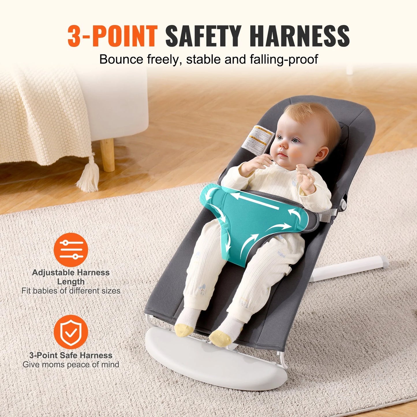VEVOR Adjustable Folding Baby Bouncer Seat with 2 Reclining Positions – Comfortable and Portable for Your Little One
