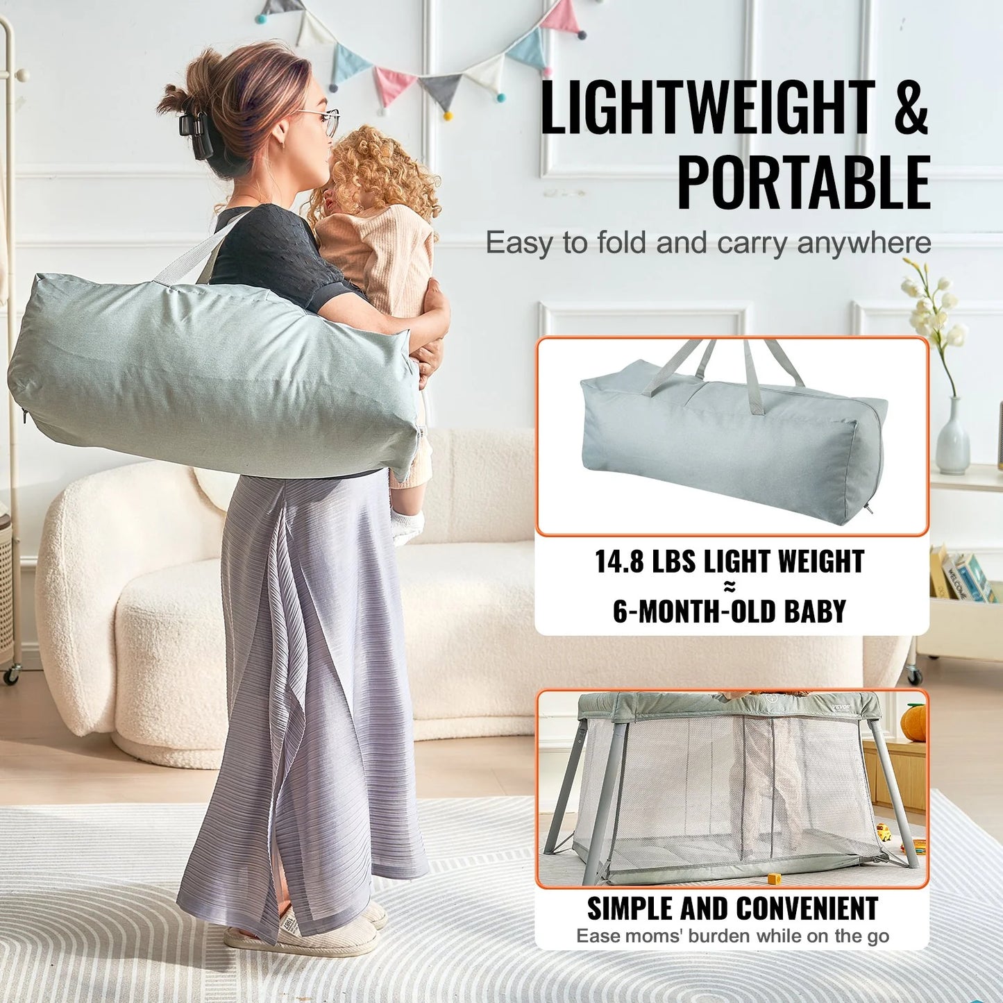 VEVOR Portable Baby Travel Crib & Playyard - Cozy Folding Playpen with Soft Mattress Pad