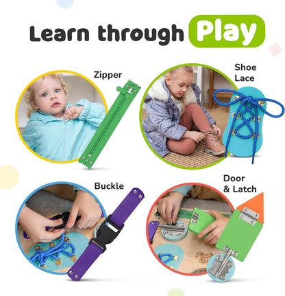 Toddler Busy Board, Premium Wooden Montessori Busy Board with 10 Learning Activities for Fine Motor Skills, Sensory Activity Kids Travel Toy, Gift for Boys & Girls
