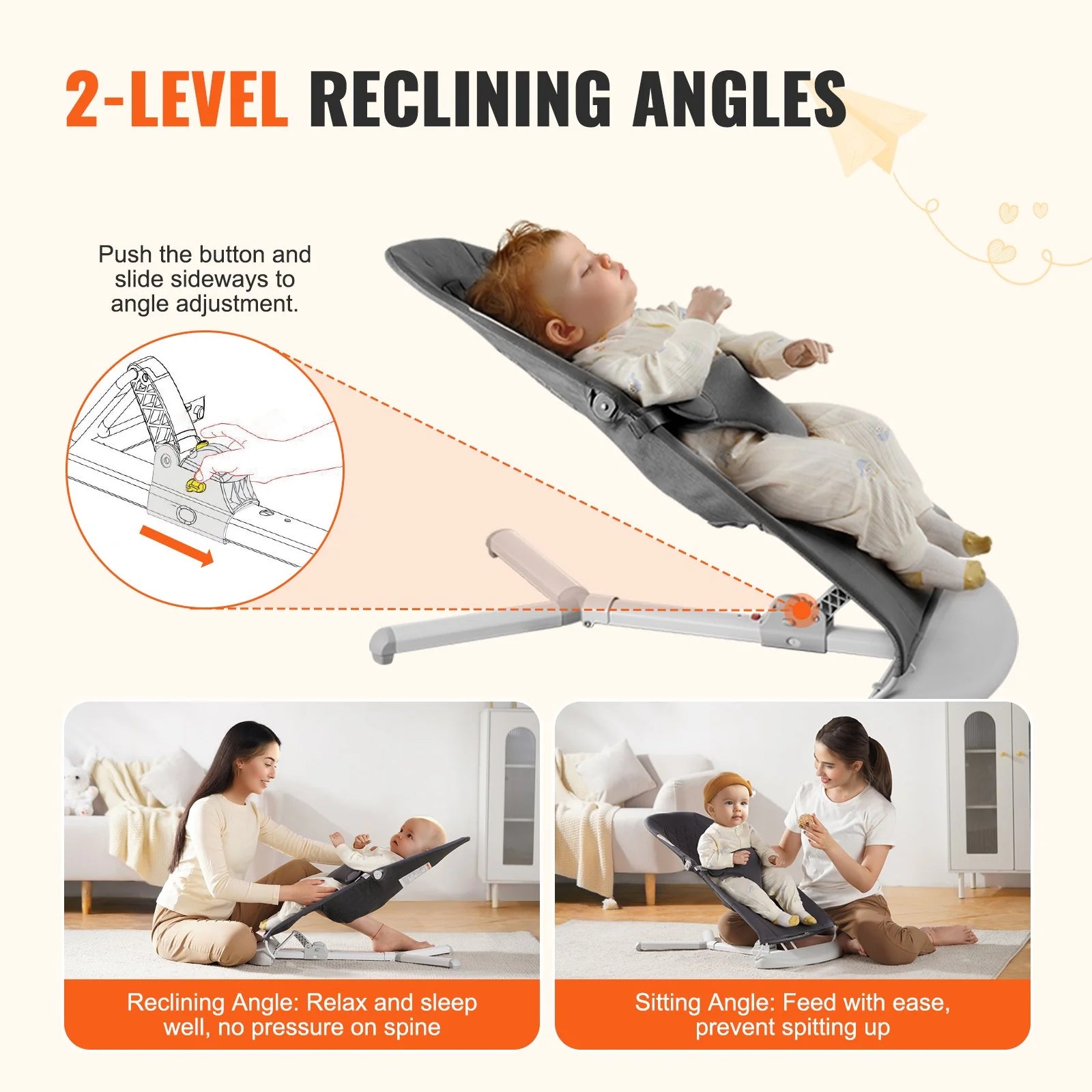 VEVOR Adjustable Folding Baby Bouncer Seat with 2 Reclining Positions – Comfortable and Portable for Your Little One