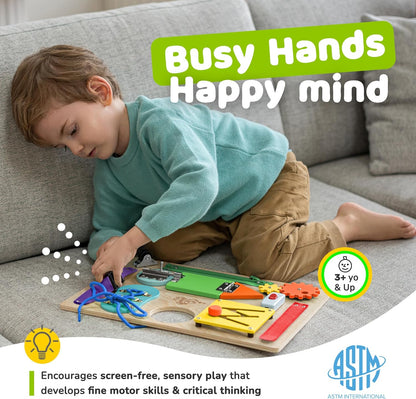 Toddler Busy Board, Premium Wooden Montessori Busy Board with 10 Learning Activities for Fine Motor Skills, Sensory Activity Kids Travel Toy, Gift for Boys & Girls